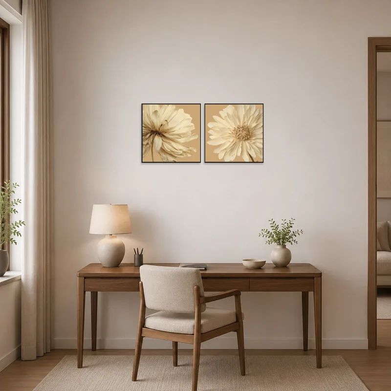 Home office with a calm cream floral set enhancing a beige wall backdrop.
