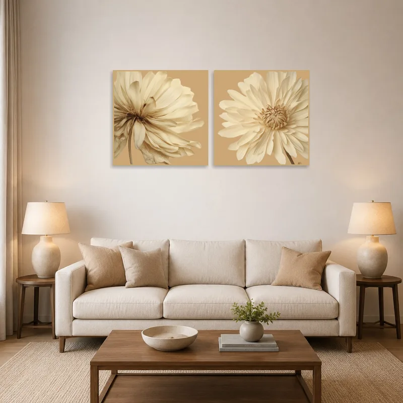 Cream floral wall art set on a beige wall in a cozy living room setting.