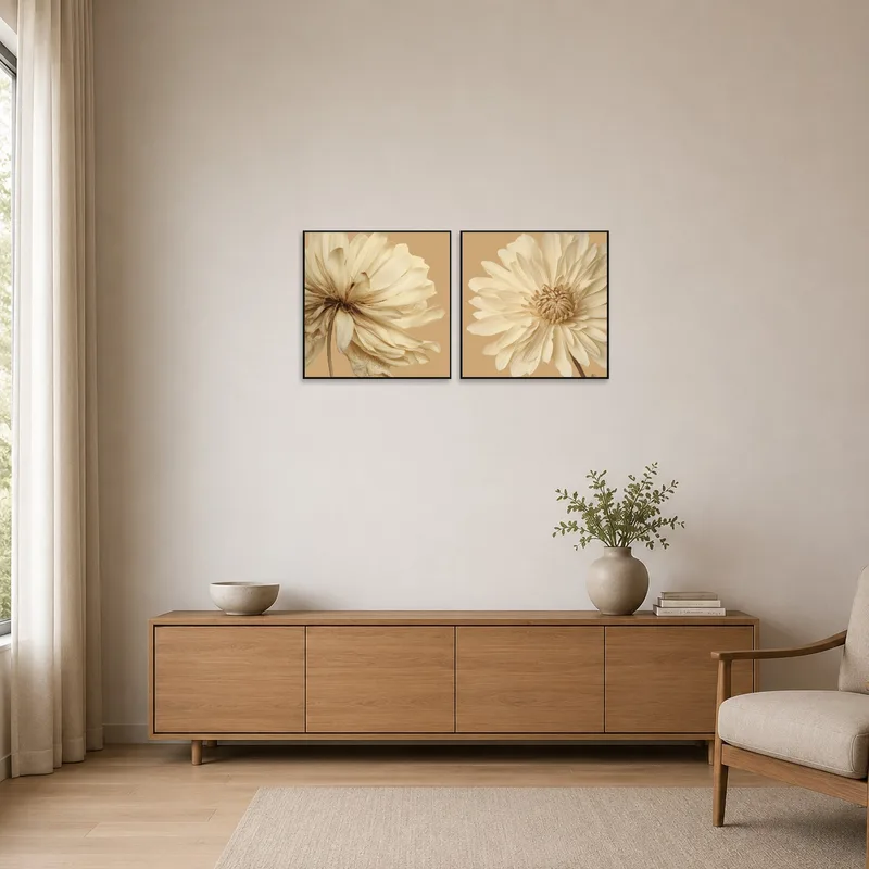 Minimalist room featuring elegant cream floral art on soft beige walls.