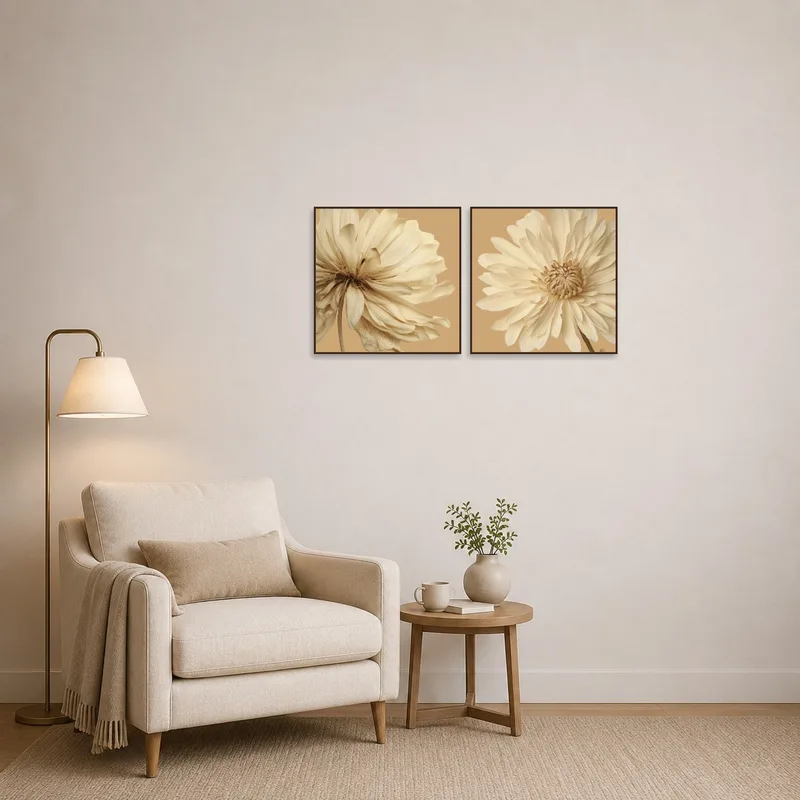 Reading corner adorned with a serene creamy floral set on soft beige walls.