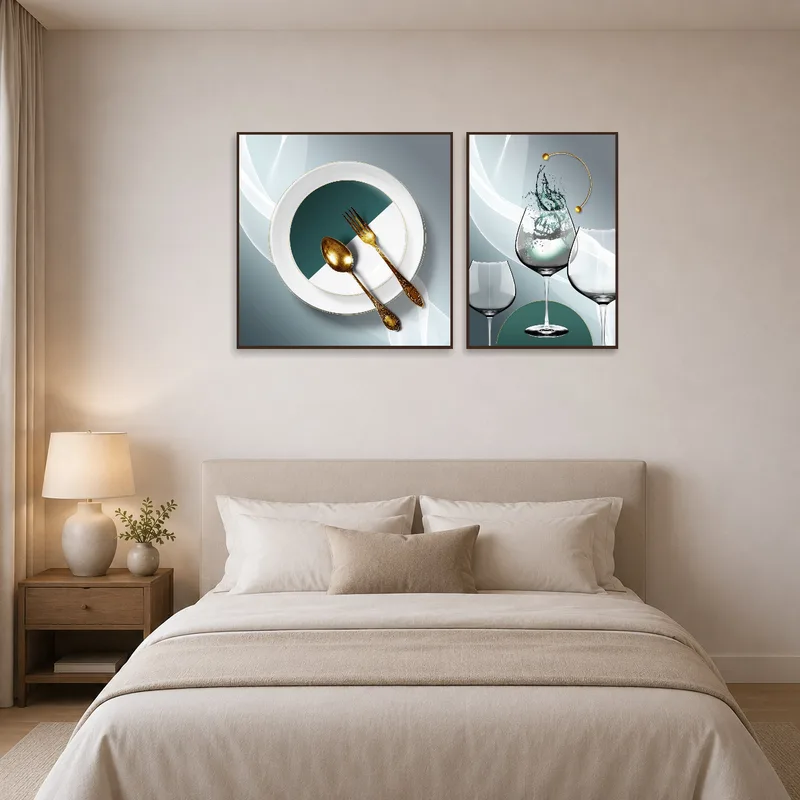 Culinary art featuring cutlery and glasses in a tranquil bedroom.