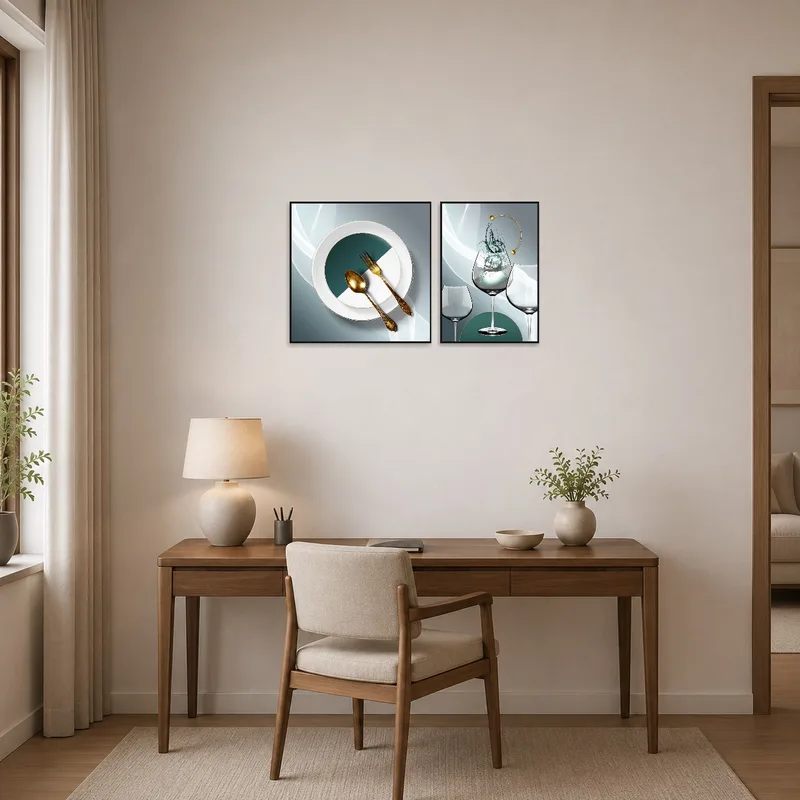 Stylish cutlery and glasses artwork enhances a home-office ambiance.