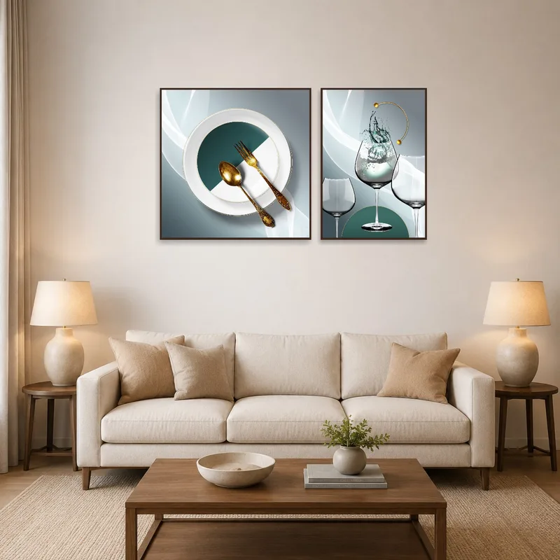 Culinary art set with cutlery and glasses in a cozy living-room setting.