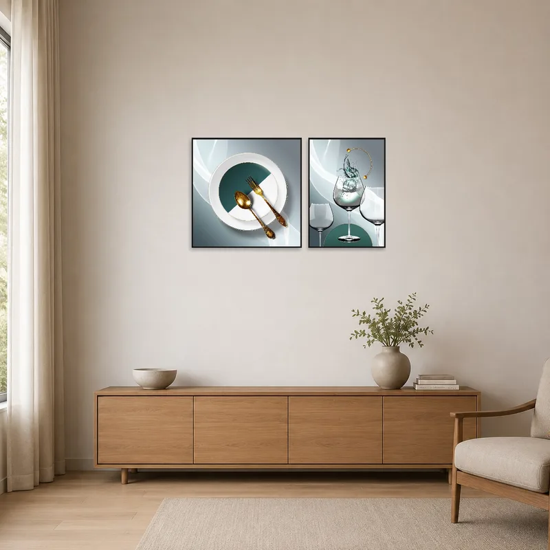 Culinary-themed art piece accentuates a minimalist room design.