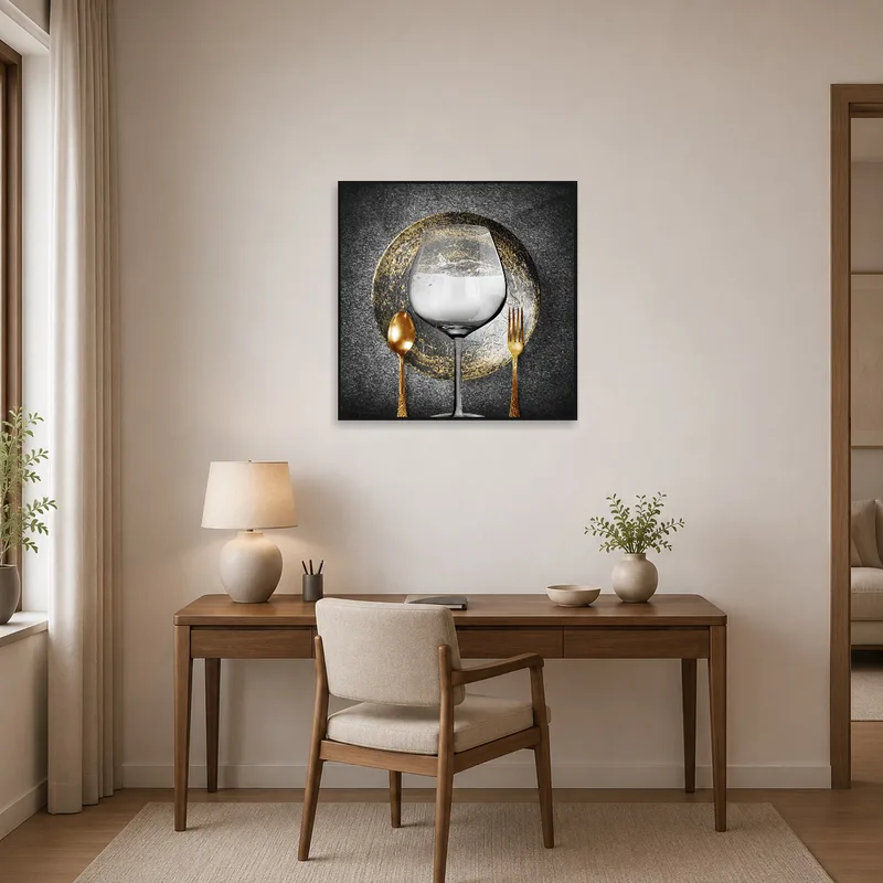 A refined kitchen-themed art piece in the home office.