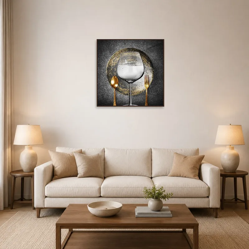 Culinary still life art above a modern living room sofa.