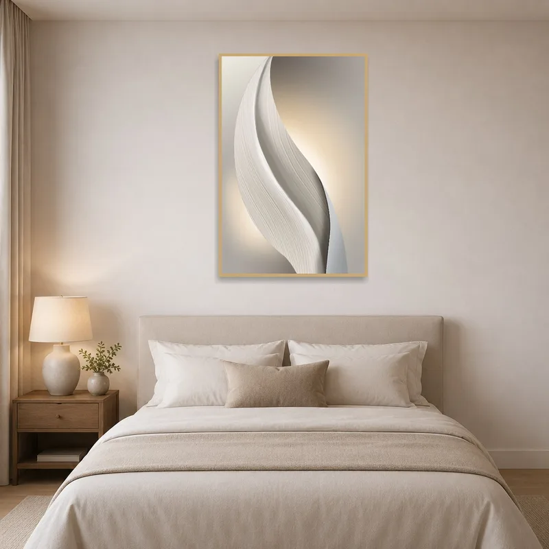 Elegant abstract artwork with curves in a serene bedroom setting.