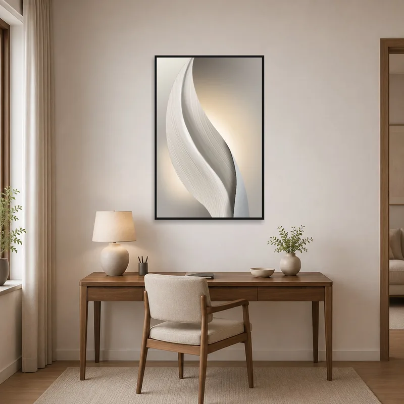 Home office featuring a chic abstract piece with minimalist curves.