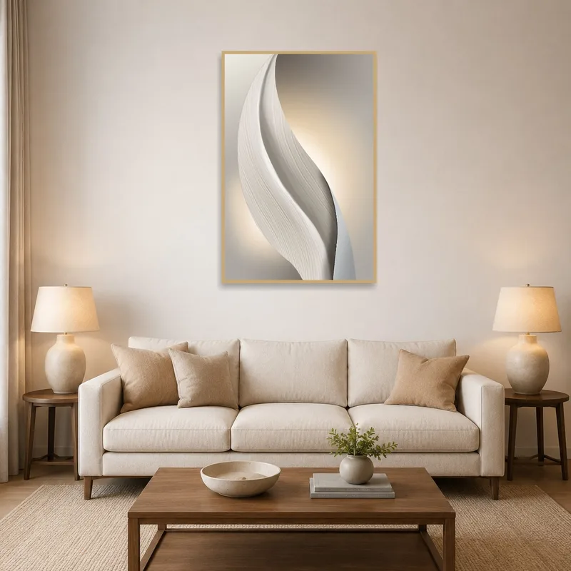 Abstract artwork with elegant curves displayed in a stylish living room.