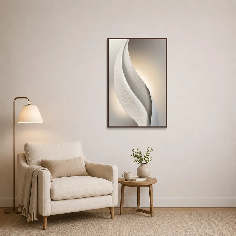 Reading corner adorned with a simple curved abstract art piece.