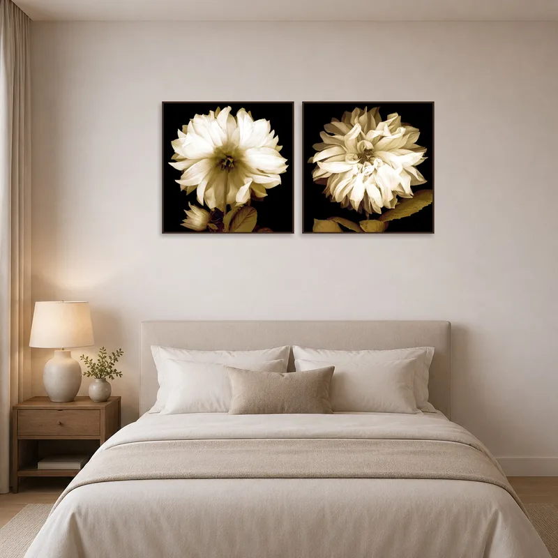 Dahlia floral set in sepia enhances the calming feel of a bedroom.
