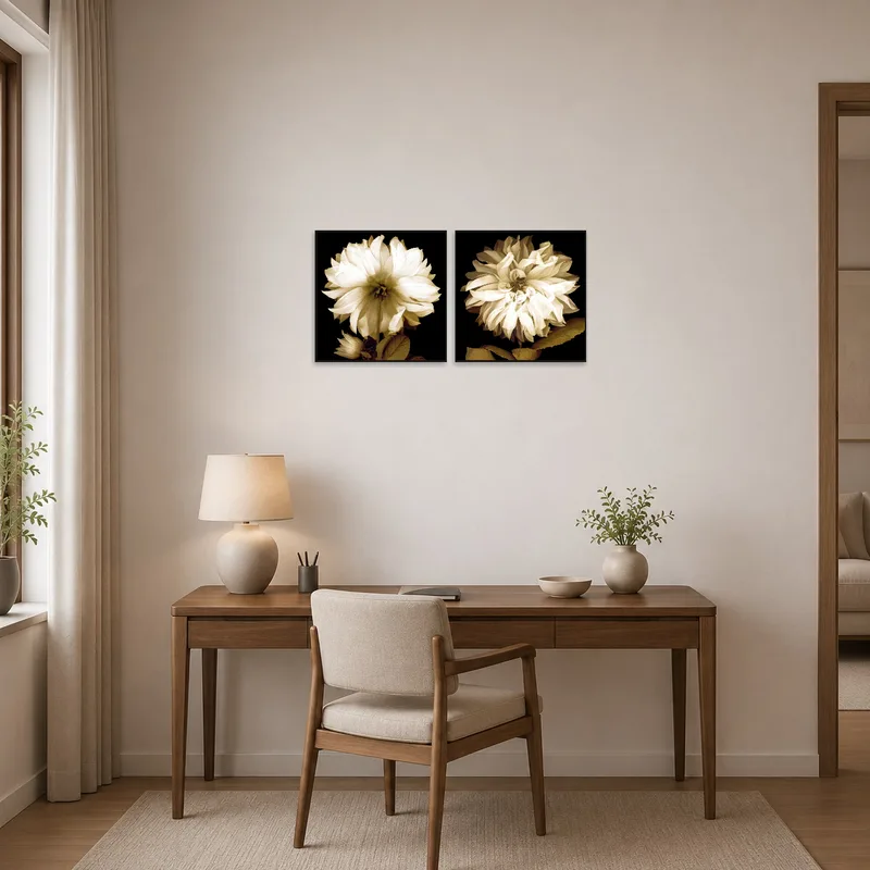 Sepia dahlia artwork infuses sophistication into a home office space.