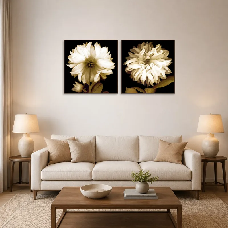 Sepia dahlia floral art set adds elegance above a modern living room sofa.