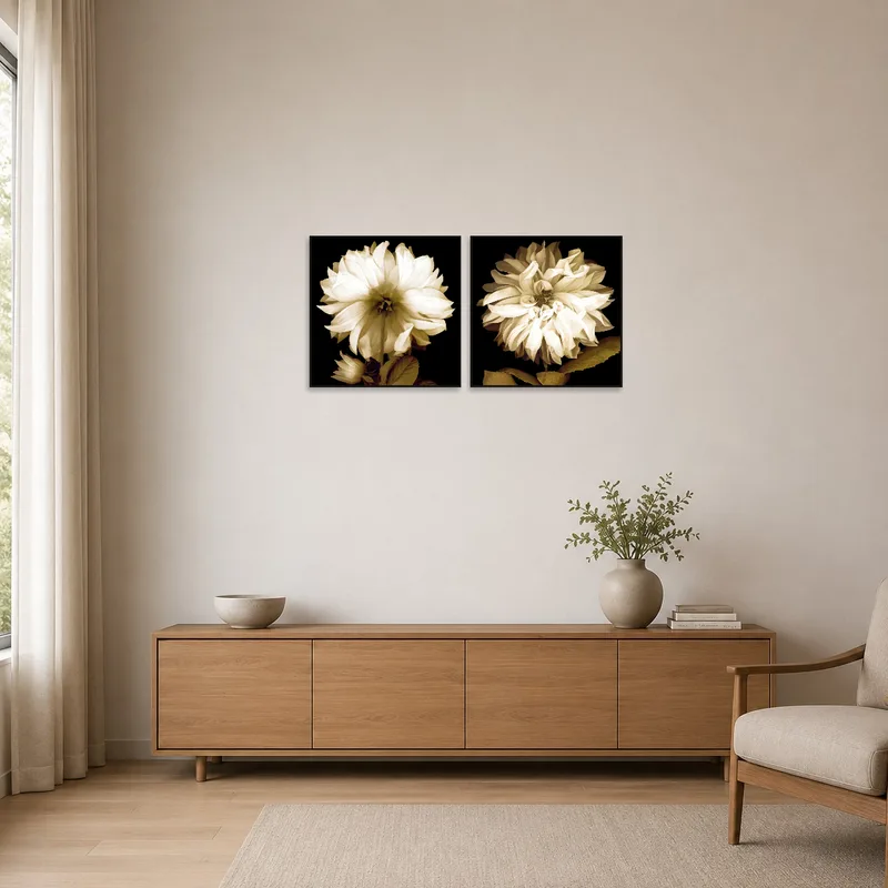 Sepia dahlia art set complements the minimalist room's neutral palette.