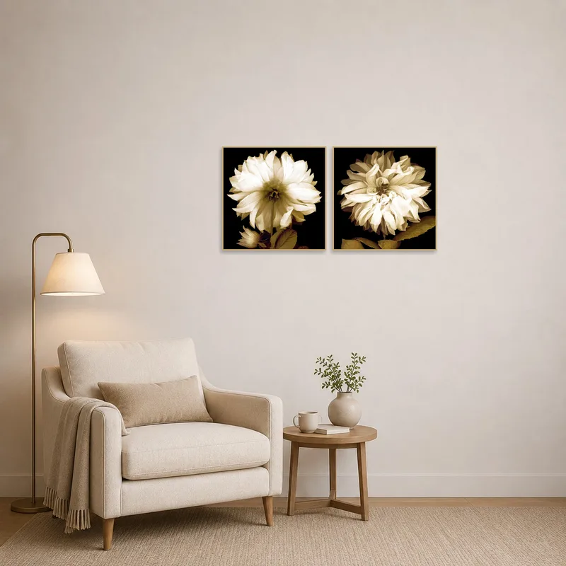 Sepia-toned dahlia art creates a serene vibe in a cozy reading corner.