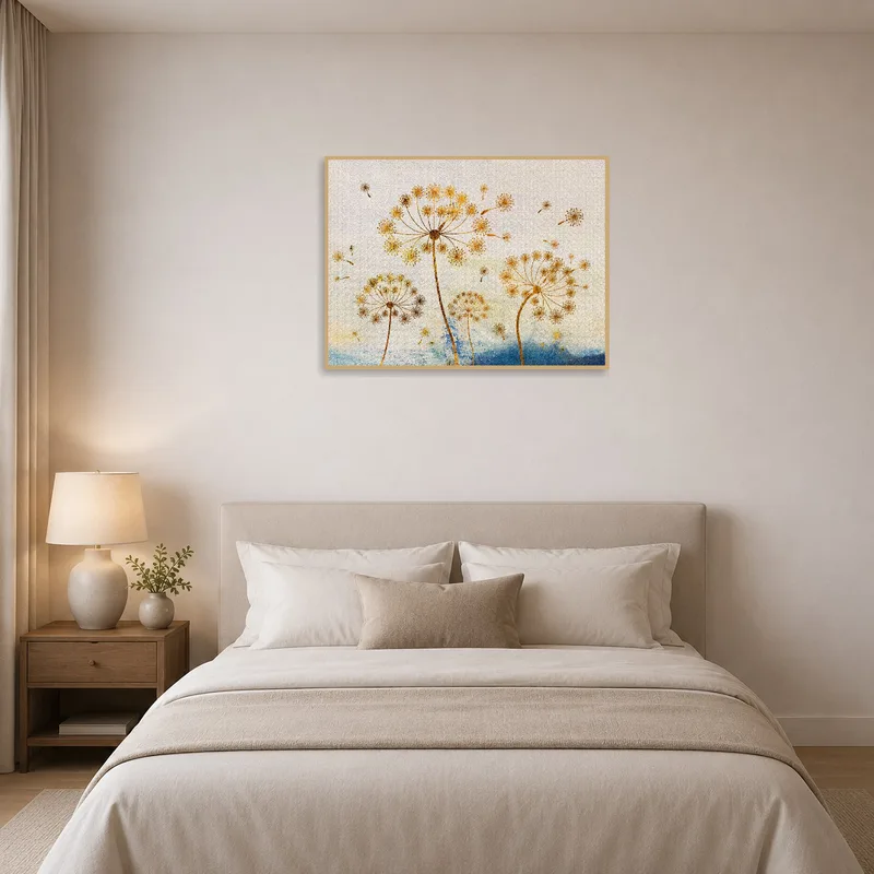 Elegant dandelion print creating a serene mood in the bedroom.