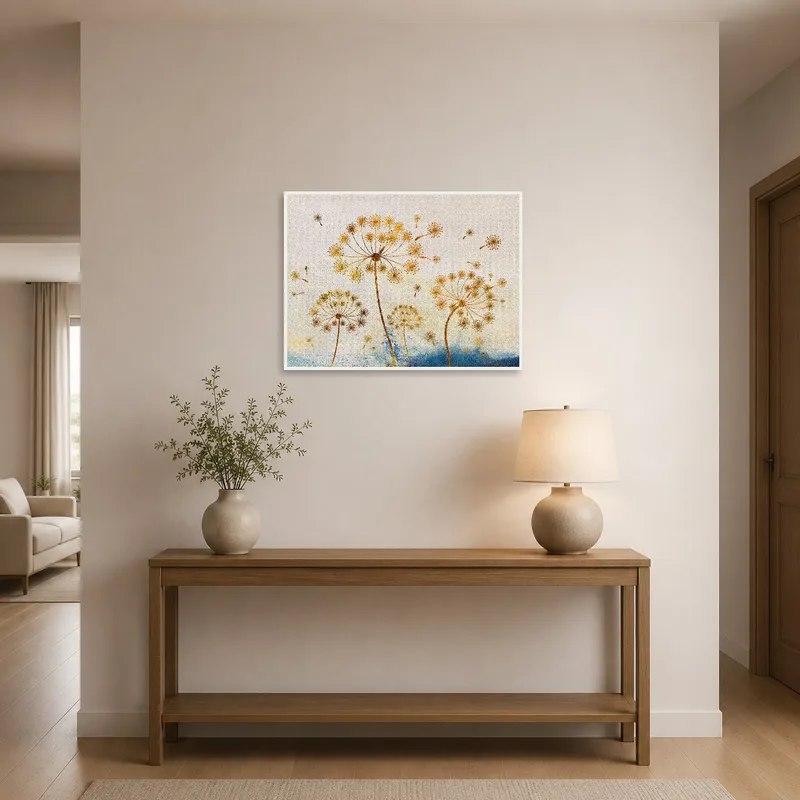 Elegant dandelion print greeting guests in a stylish entrance hall.