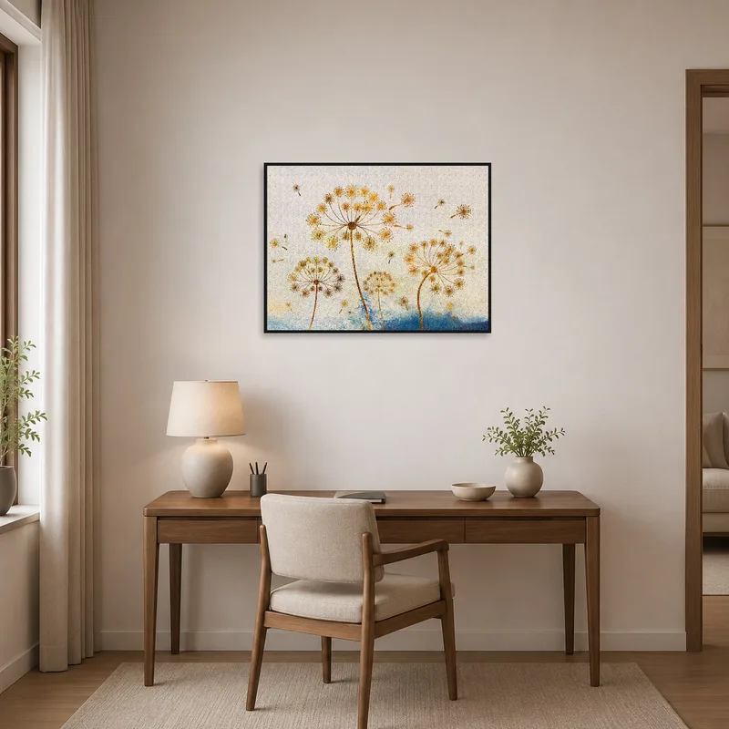 Elegant dandelion print inspiring creativity in a sleek home office.