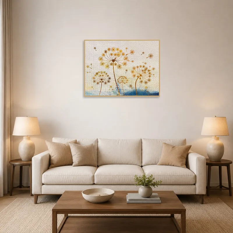Elegant dandelion print on wall above a modern living room sofa.