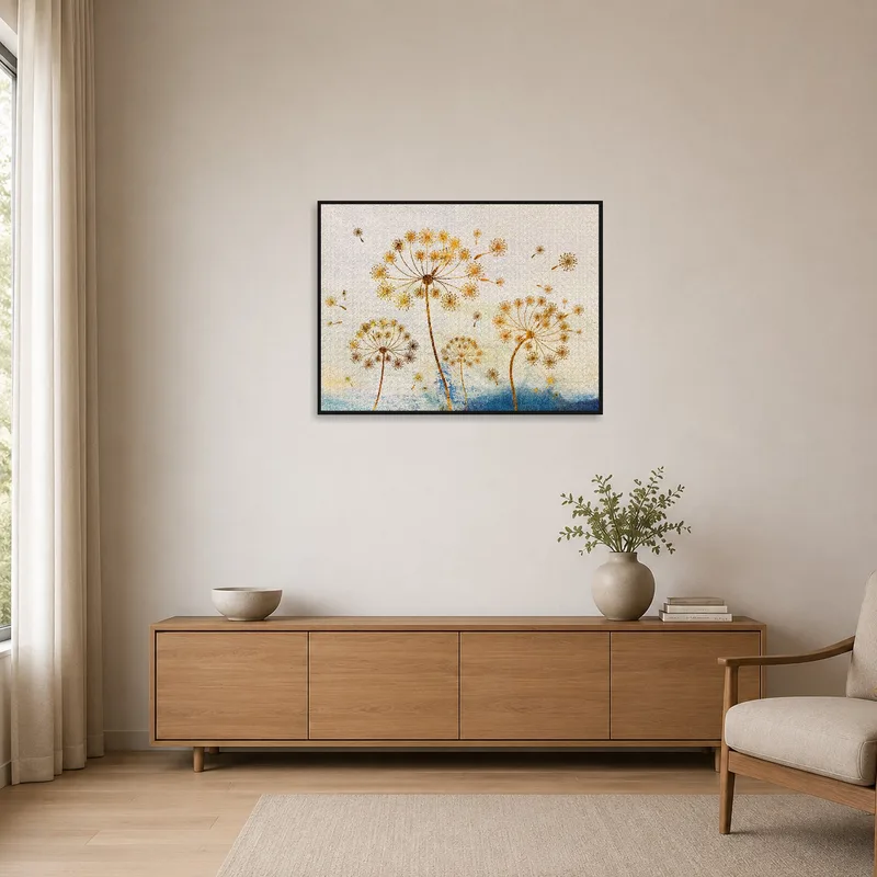 Elegant dandelion print enhancing a minimalist room with clean lines.