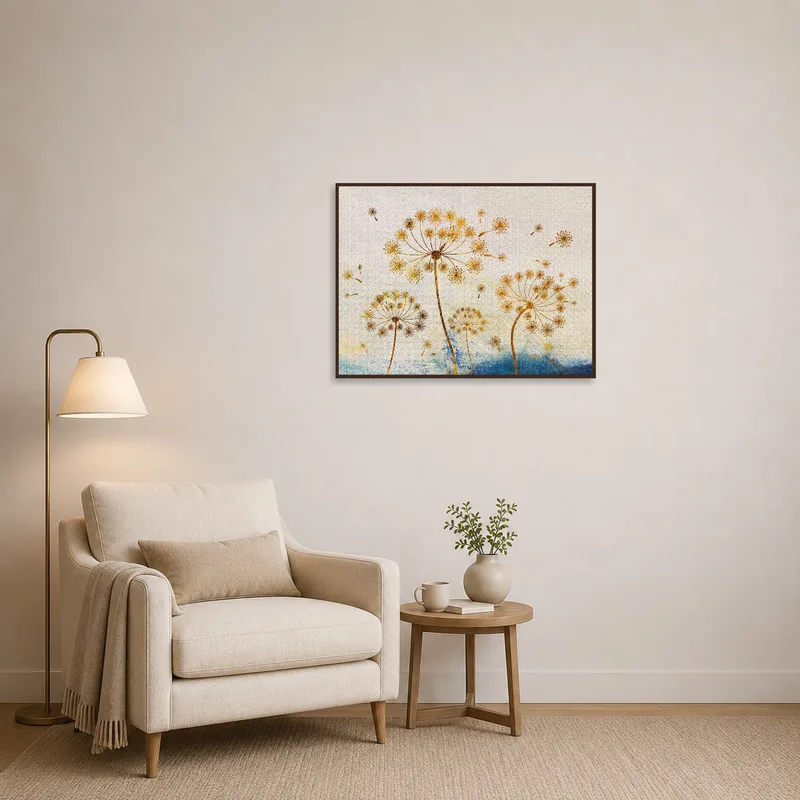 Elegant dandelion print adding charm to a cozy reading corner.