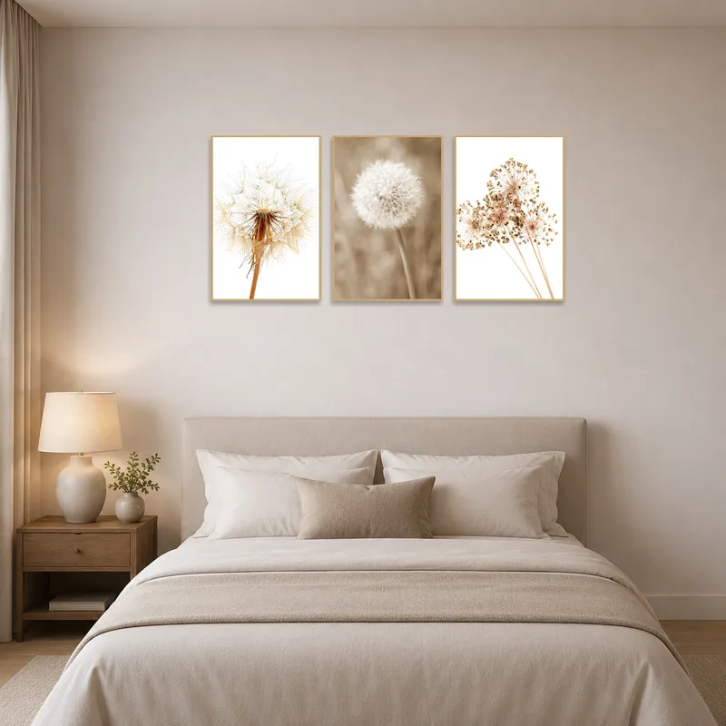 Elegant botanical triptych enhances the calmness of a peaceful bedroom.