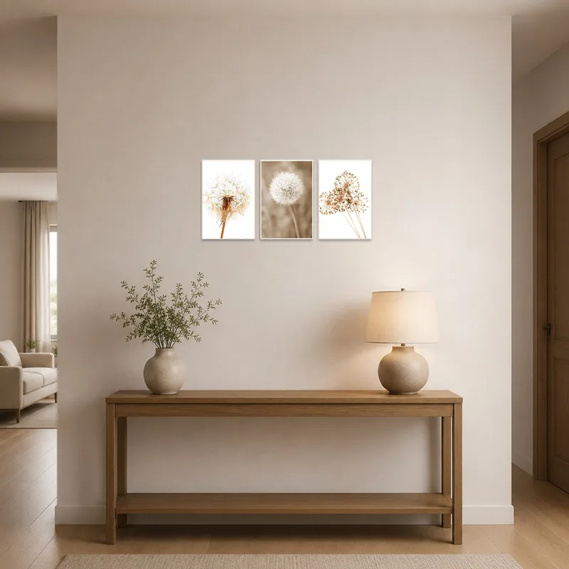 Botanical triptych with dandelions welcomes guests in an elegant entrance hall.