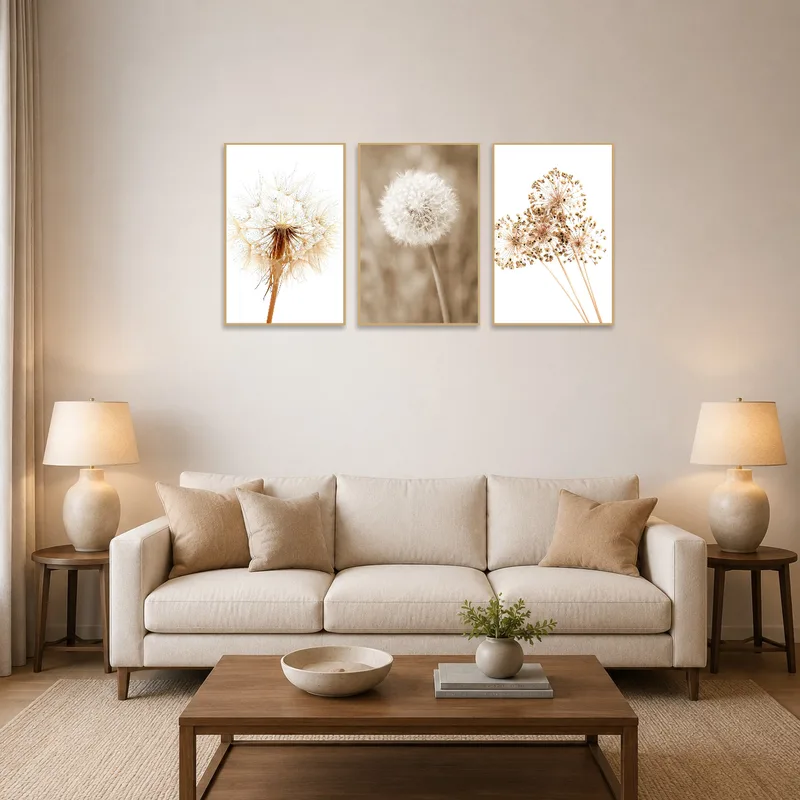 Botanical triptych featuring dandelions and alliums in a cozy living room setting.