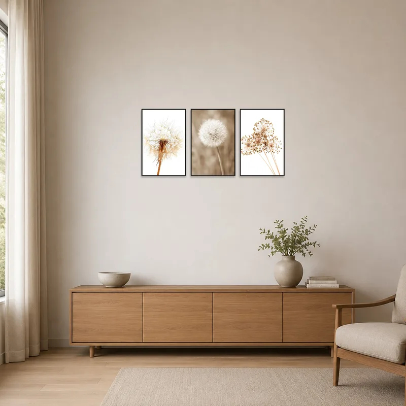 Triptych of dandelions and alliums in a minimalist room with white walls and simple furniture.