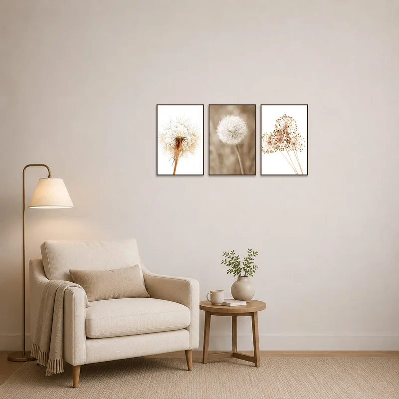 Dandelion and allium triptych adds charm to a serene reading corner with a comfy chair.