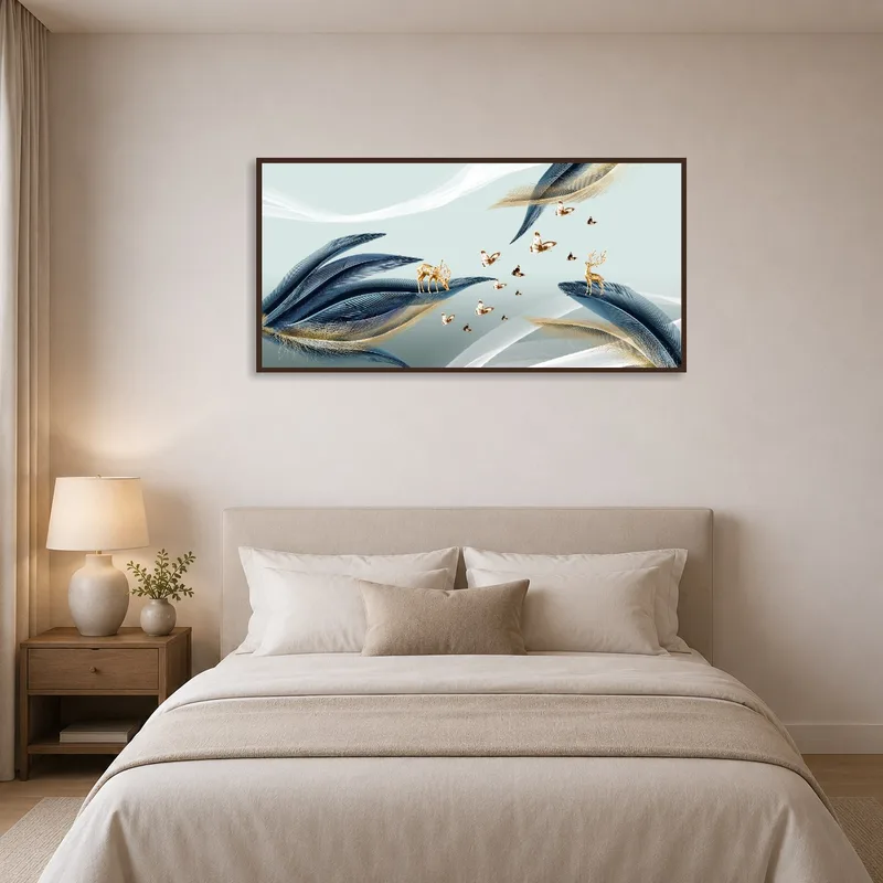 Elegant deer and butterfly artwork enhancing a serene bedroom.