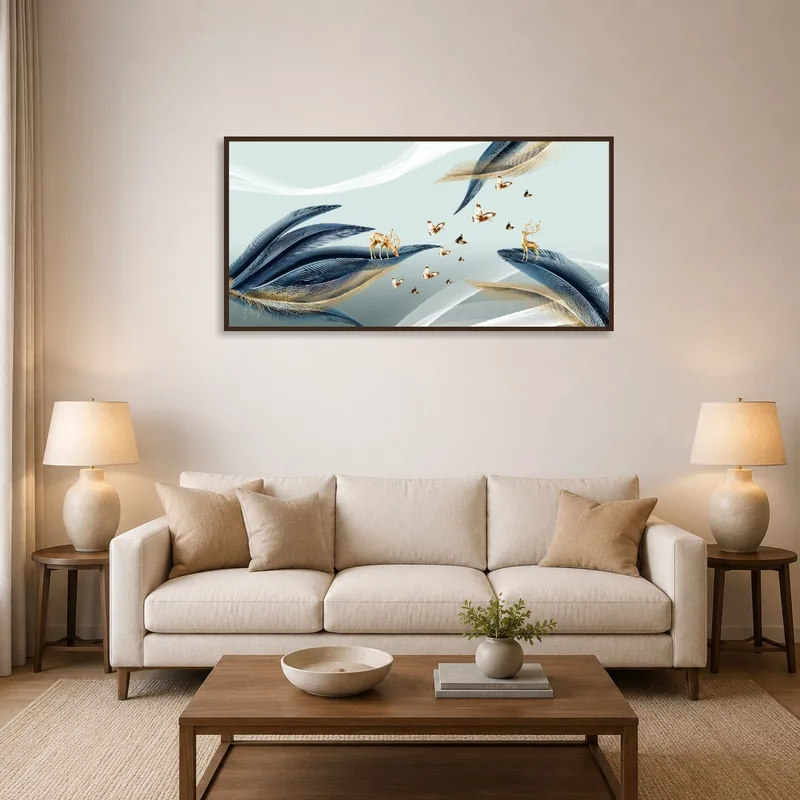 Elegant deer and butterfly artwork above a modern living room sofa.