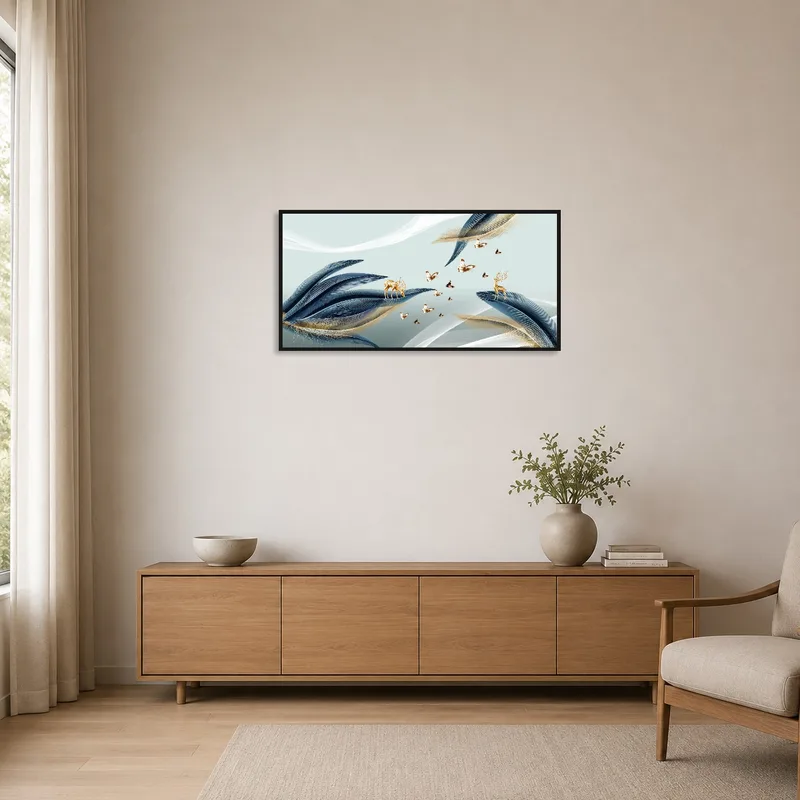 Elegant deer and butterfly artwork in a minimalist white space.