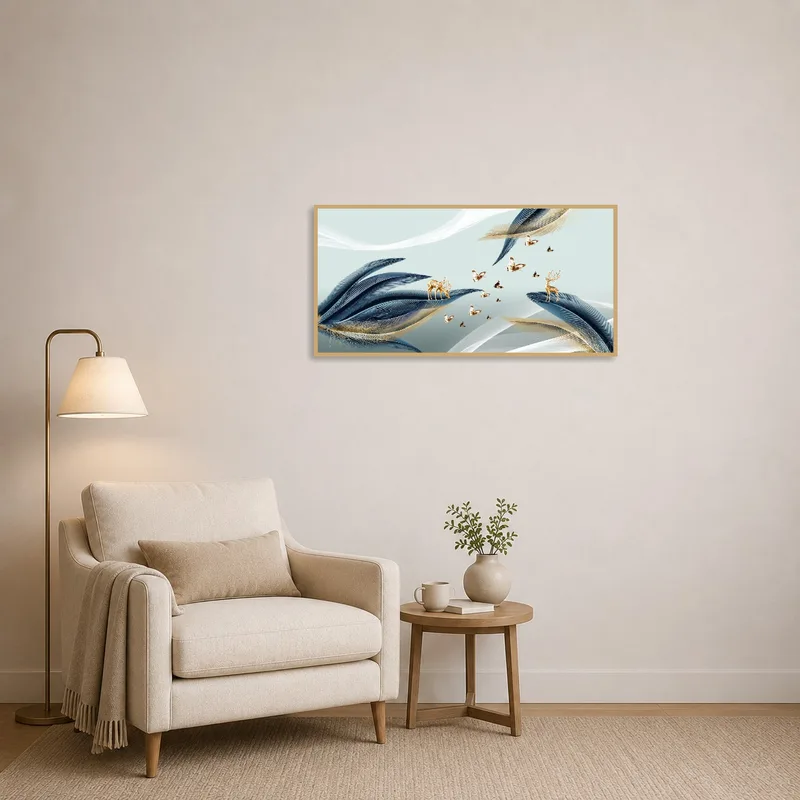 Elegant deer and butterfly artwork beside a cozy reading chair.