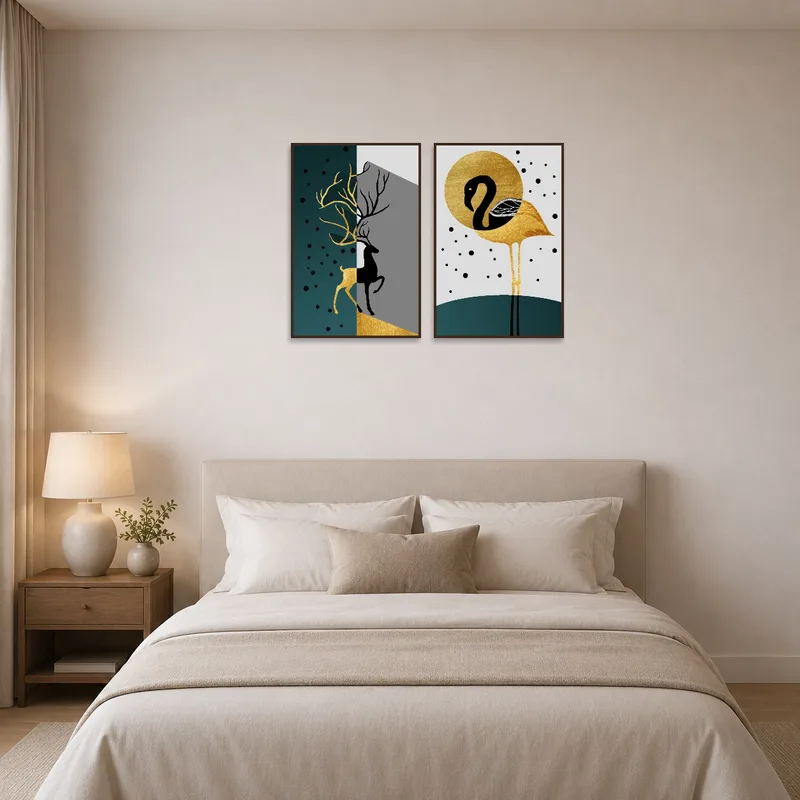 Bedroom adorned with abstract deer and flamingo art set, enhancing tranquility.