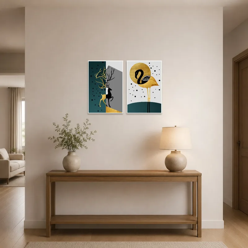 Entrance hall displaying elegant deer and flamingo abstract art set for a welcoming vibe.