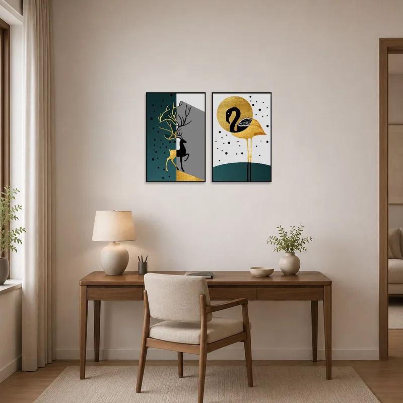 Home office with a modern abstract art set of deer and flamingo for creative inspiration.