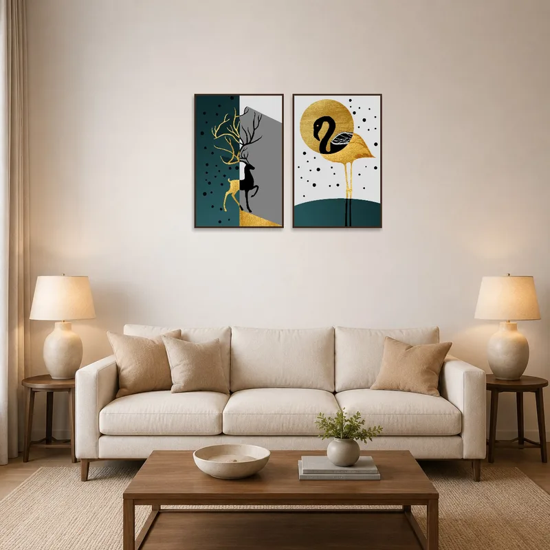 Set of abstract deer and flamingo art adds sophistication to the living room wall.