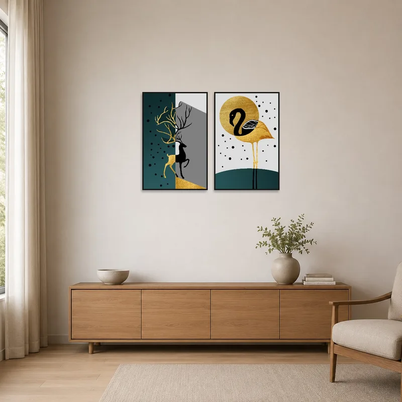 Minimalist room featuring sleek abstract deer and flamingo art for a modern touch.