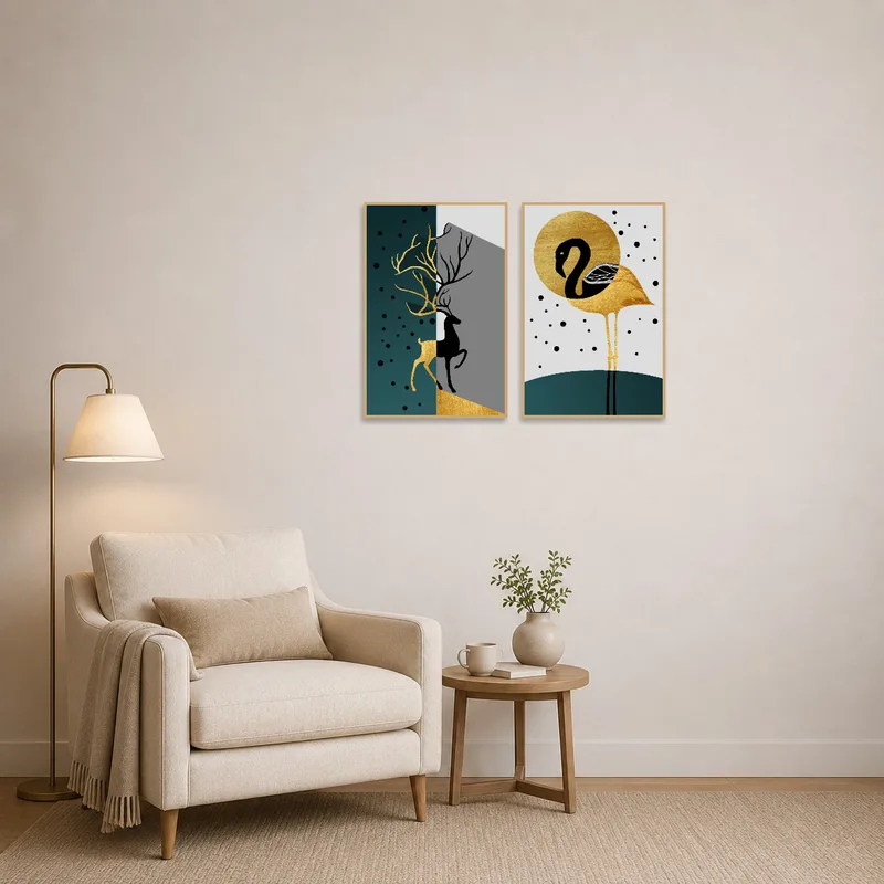 Reading corner with stylish abstract art of deer and flamingo for a serene atmosphere.