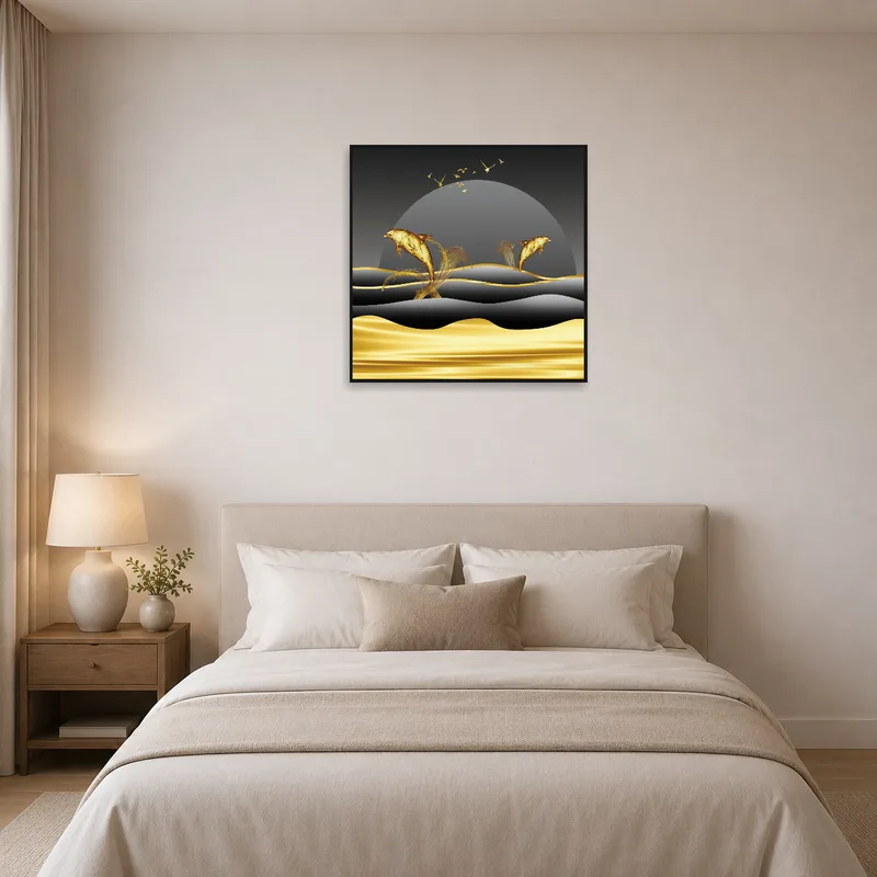 Sophisticated dolphin art brings elegance to a tranquil bedroom.