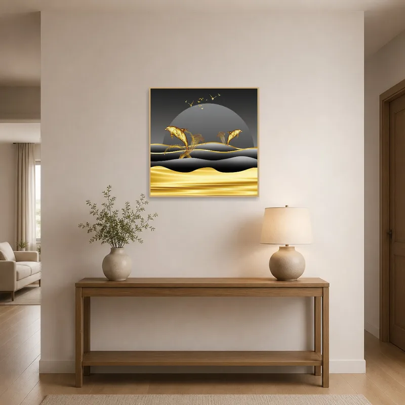 Gold and black dolphin piece welcomes guests in the entrance hall.