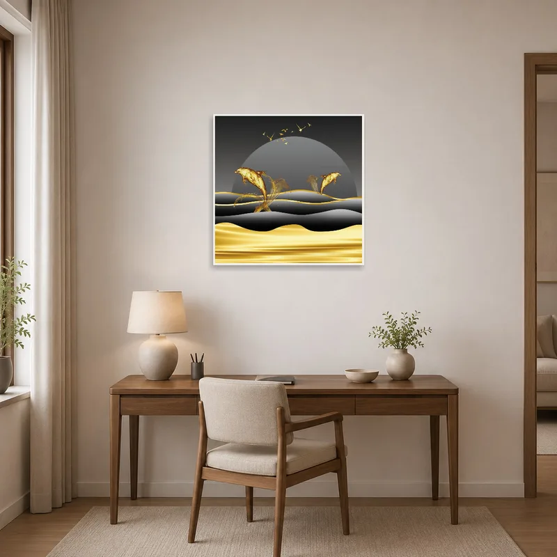 Dolphins in waves art inspires creativity in a stylish home office.