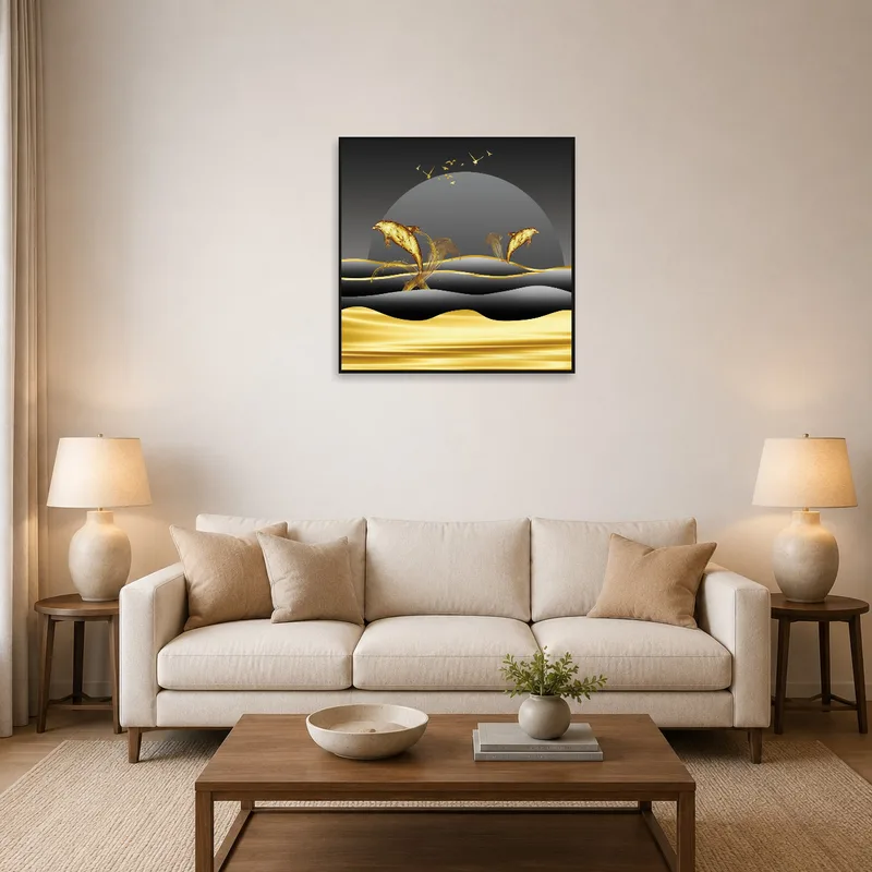 Dolphin artwork adds a vibrant touch above a modern living-room sofa.