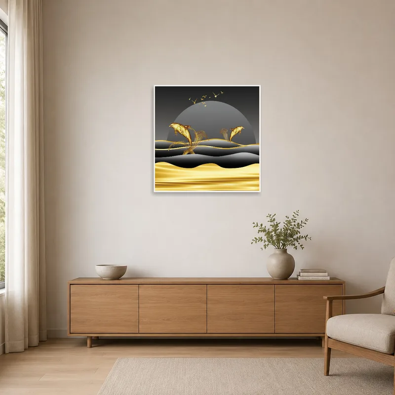 Artwork of dolphins complements a minimalist room with sleek lines.