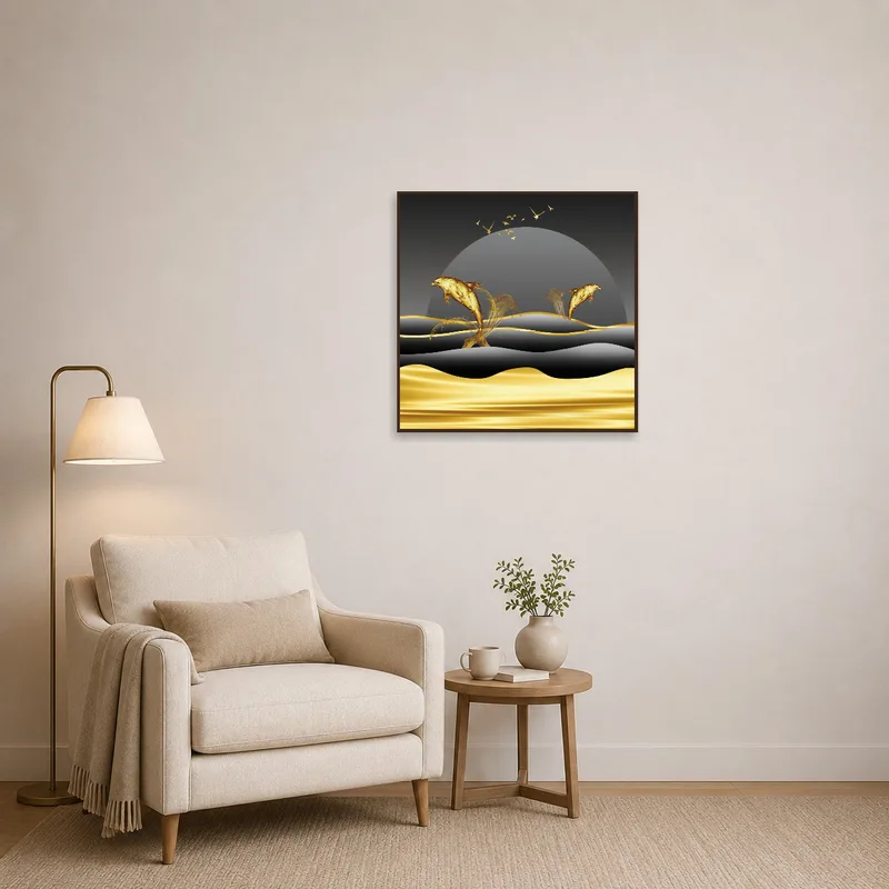 Elegant dolphins piece enhances a cozy reading corner ambiance.