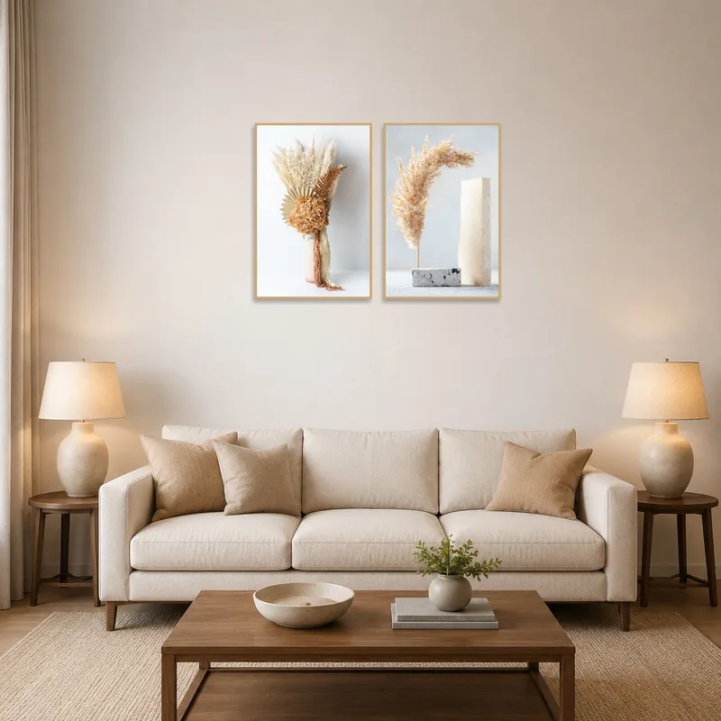 Elegant dried botanical arrangement set displayed in a cozy living room above a modern sofa.