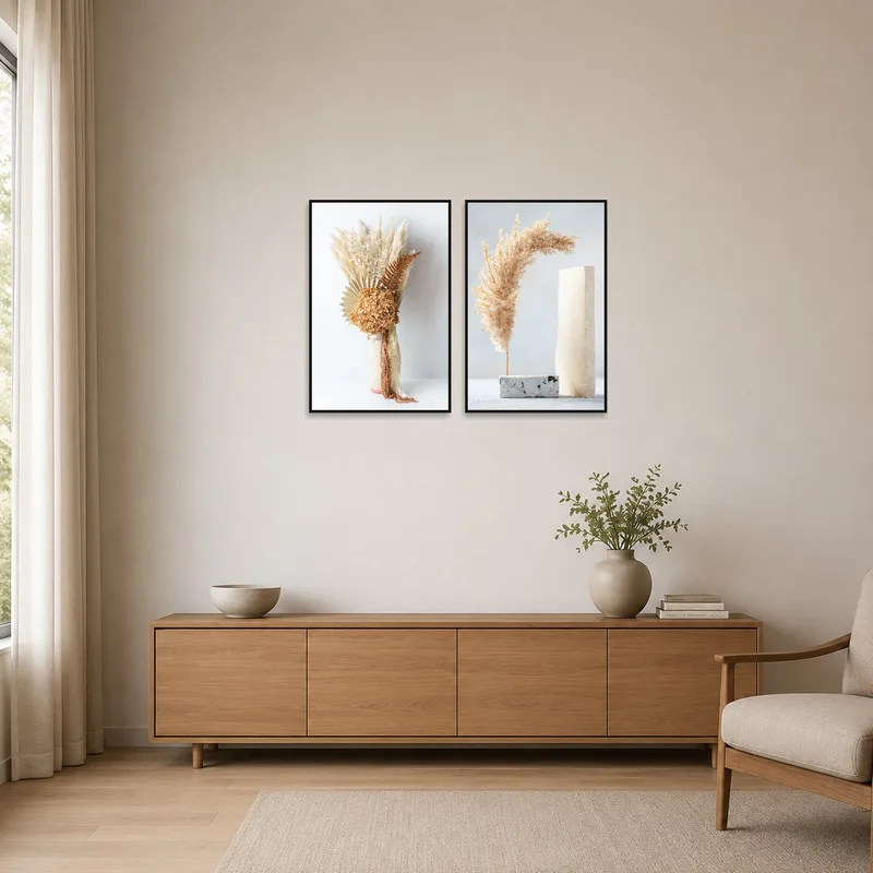 Set of botanical arrangements on a pristine white wall in a minimalist space with sparse furnishings.