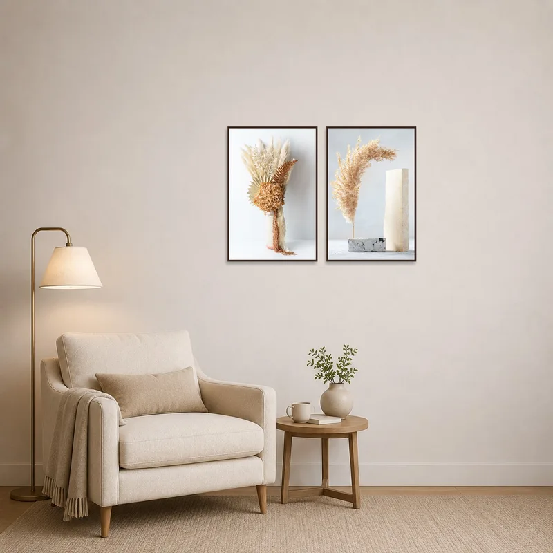 A beautifully serene dried botanical arrangement resting above a comfy chair in a reading corner.