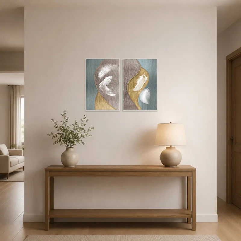 Two feather artworks welcome guests in a stylish entrance hall.